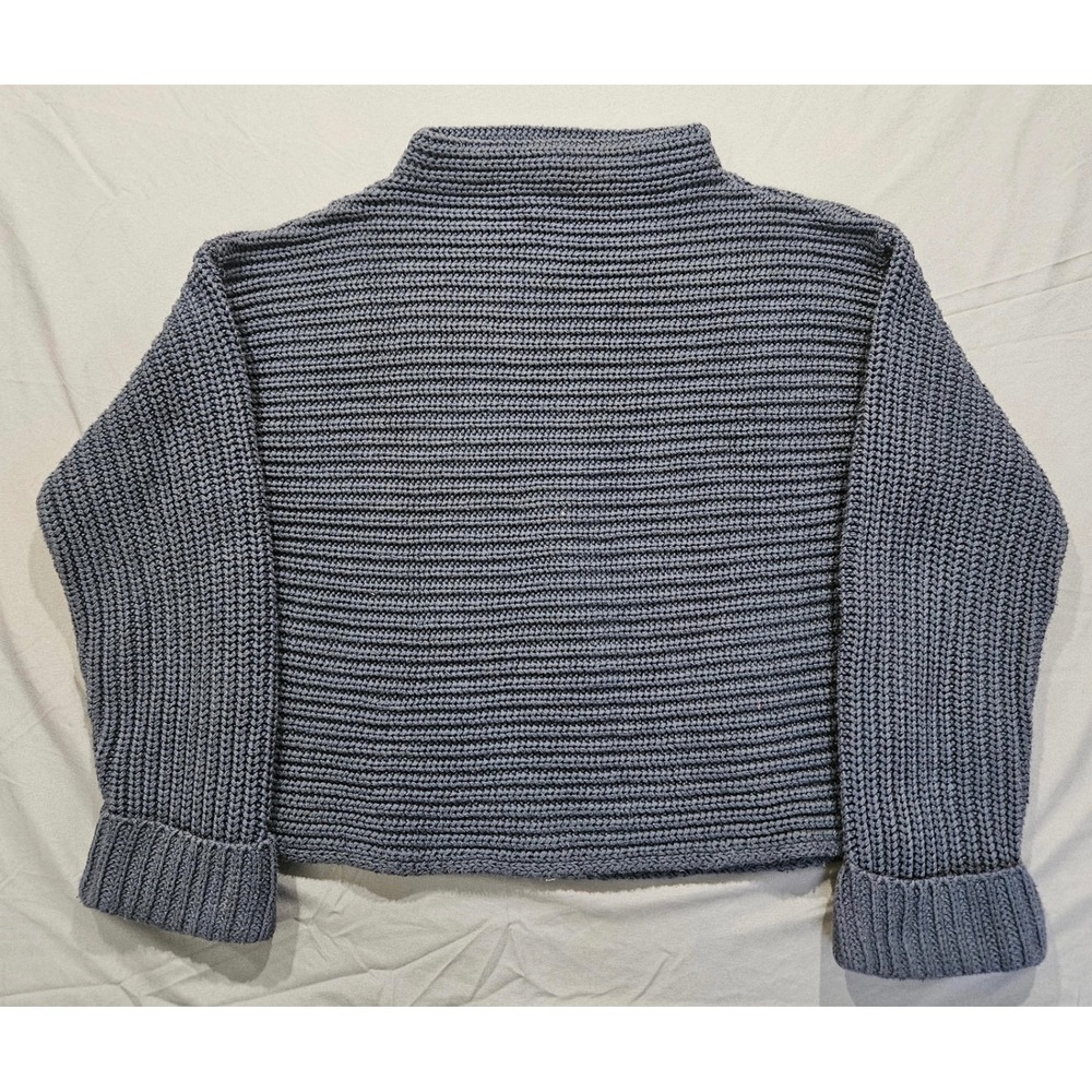 Two-One-Two New York Sweater Womens M Blue Grey Cotton Chunky Knit Mock Neck